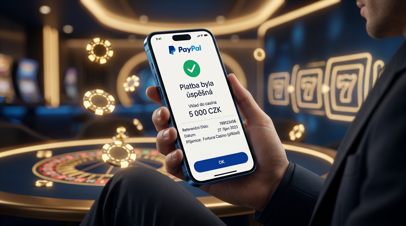 Mobilní telefon zobrazující potvrzení vkladu přes PayPal v online kasinu
