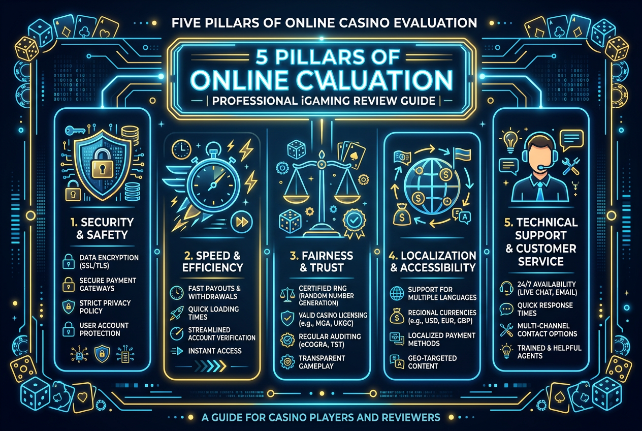 Infographic showing the five pillars of crypto casino evaluation: security, speed, fairness, localization, and technical support