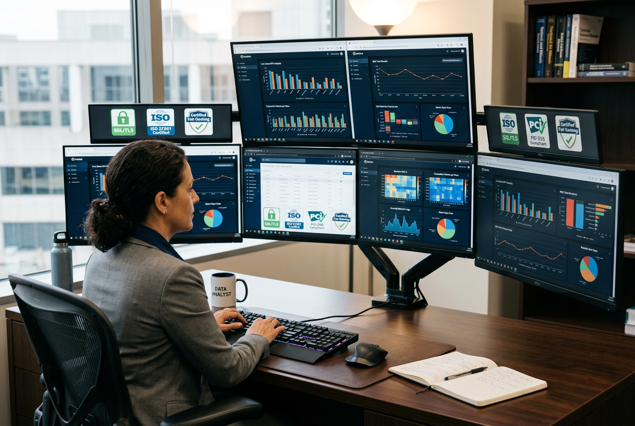 Odborník analyzující statistiky online kasin na několika monitorech