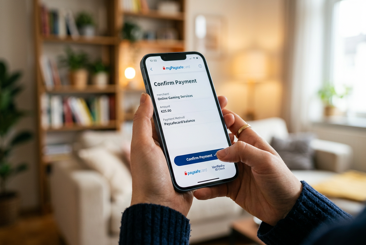 Detailní záběr na mobilní aplikaci platební brány myPaysafecard během potvrzování transakce v kasinu