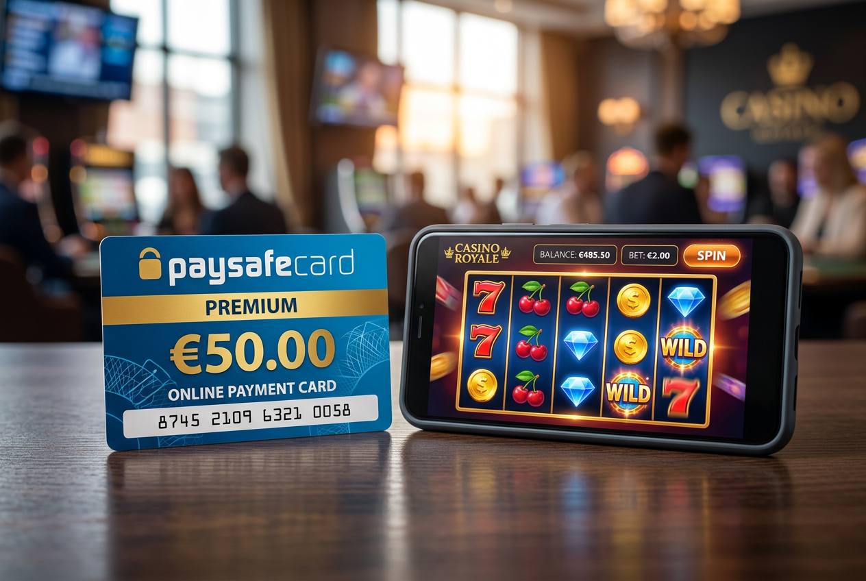 Ilustrace bezpečného vkladu v kasinu pomocí Paysafecard kupónu a chytrého telefonu