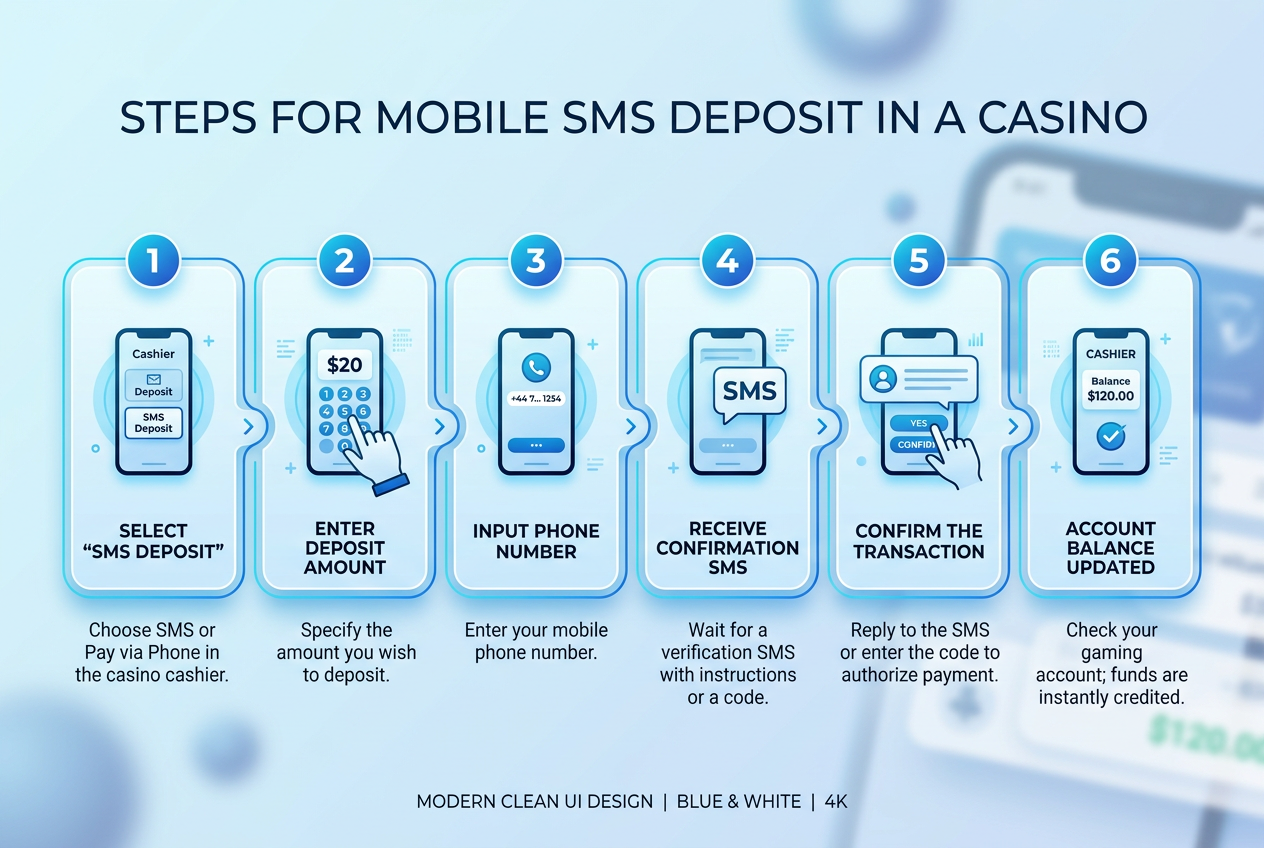 Profesionální infografika znázorňující kroky SMS vkladu do online casina přes mobilní telefon
